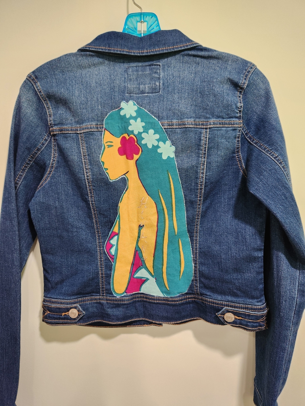 Custom Hand Painted Denim Jacket with Colorful Mermaid Back Patch
